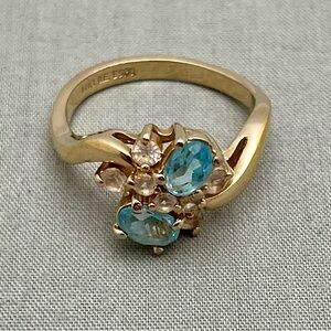 Vintage ESPO 14K Gold Electroplate Blue Glass Floral Cocktail Ring Size 8